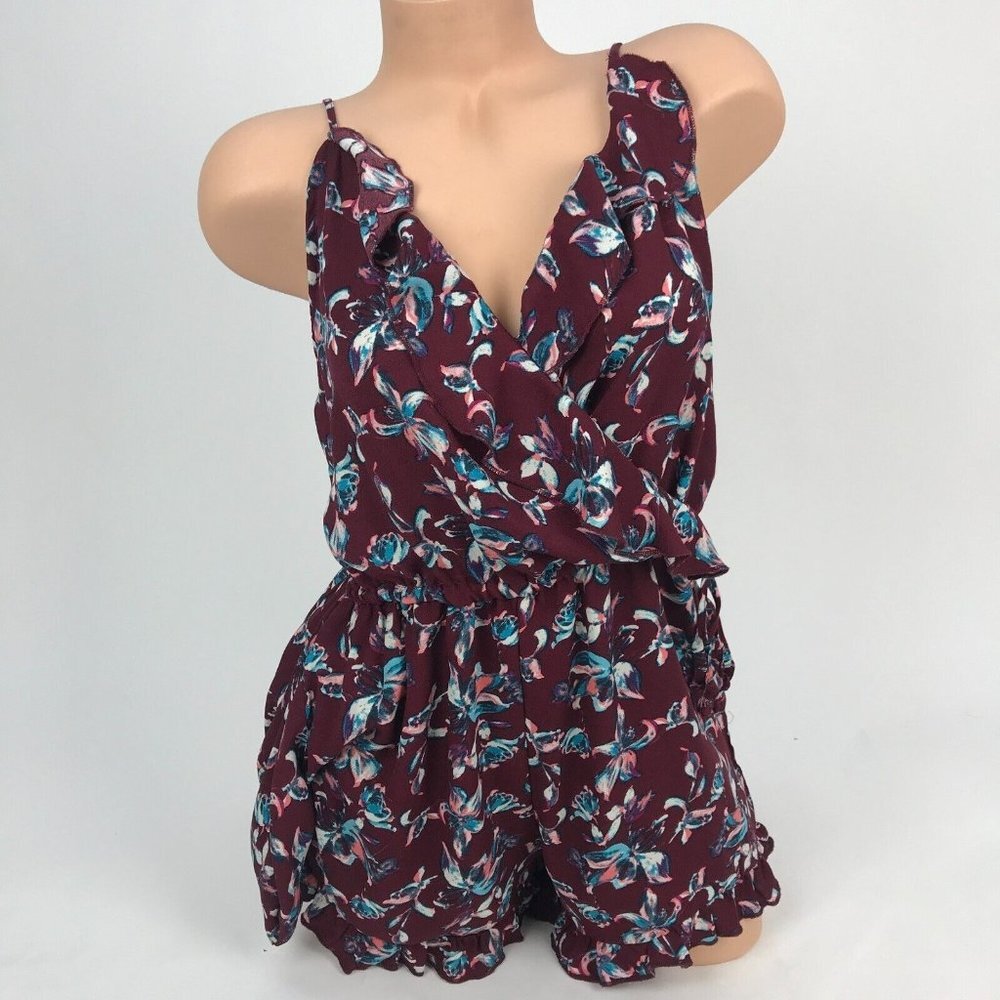 Blue Rain Multicolor Floral Print Romper‎ Spaghetti Strap Ruffle V-Neck Sz Small